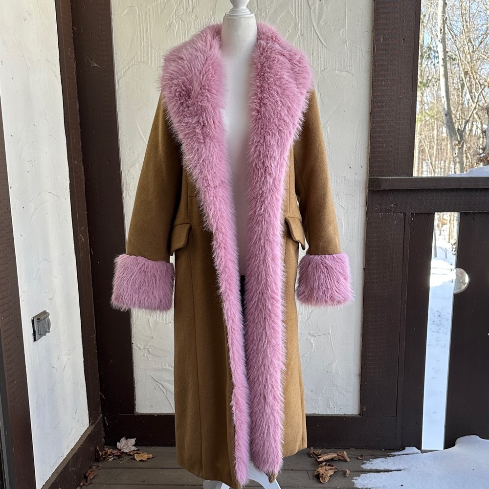 Anthropologie Maeve Brown Coat with Pink Faux Fur Trim